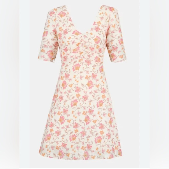 Tintoretto Linen Floral Dress White Pink Orange Short Sleeve V-Neck Size M - Picture 1 of 16